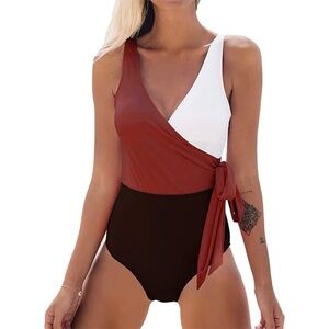 Colorblock One-Piece Swimsuit Women Belt Bow V-Neck Beach Bathing Suit  NWT S